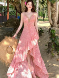 Yeknu  Summer New Pink Floral Suspender Dresses Women's Sleeveless Backless Sexy Beach Vacation Dress Chiffon Splicing Long Dress