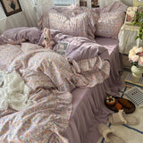 Yeknu 3/4Pcs Korean Princess Style Floral Ruffles Bedding Set Skin-friendly Soft Duvet Cover Set Bed Sheet Or Bed Skirt Pillowcases