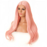 Yeknu  Long Pink Wavy Wig for Women Synthetic Middle Part Layered Natural Wave Curly Light Pink Heat Resistant Fiber Wigs for Party Use