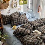 Yeknu  Bedding Set Ins Ambiance Blue Coffee Grid Mixed With Washed Cotton Minimalist Four Piece Set Fitted Sheets Duvet Cover