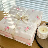 Yeknu Ins floral print Bedding set knitted cotton Flat sheet set Four pieces duvet cover double layer-yarn 4Pcs Cute Fitted sheet