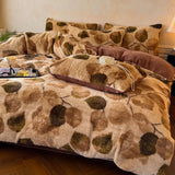 Yeknu  Thickened imitation rabbit hair carved milk fleece four-piece set winter coffee color warm fleece quilt set