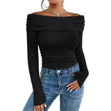 Yeknu  Women Clothing Sexy Off-shoulder Slim-fitting Long-sleeved T-shirts Autumu Winter Europe America Solid Off Shoulder Top Tees