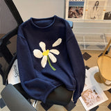 Yeknu  Women's Navy Pullover Sweater Harajuku Y2k Long Sleeves O-Neck Sweaters 90s Aesthetic Vintage 2000s Fashion Clothes Autumn