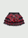 Yeknu  J-Fashion Y2K Gyaru Himekaji Harajuku Lolita Oversized Bowknot Low Waist Lace Frilled Plaid Mini Skirt For Women