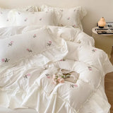 Yeknu  French Hepburn style 4-piece bed set, Korean princess lace washed cotton embroidery duvet set, bedsheet and bedsheet 3-piece set