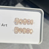 Yeknu  10Pcs Cat Eye Press on Nails Nude Color Short Square False Nails Zircon Snowflake Pearl Manicure Nail Glitter Diamond Fake Nails