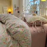 Yeknu  Small flower bow four piece set, soft and skin friendly cotton linen double bed duvet set, dormitory three piece set