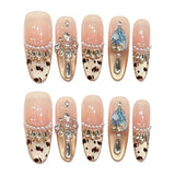 Yeknu  10PCS Pink Nude False Nail with Rhinestones Leopard Cat-Eye Fake Nails Women Girls Party Wedding Wear Handmade Press on Nails