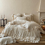 Yeknu  Romantic French Double Layer Lace Ruffles Bedding Set 20% Ramie, 80% Cotton Duvet Cover Set Quilted Bedspread Pillowcases 4Pcs
