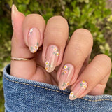 Yeknu  24pcs French Fake Nails Small Flower Diamond-Studded White-Edged Press on Nail Short Square Full Coverage Nail for Women&Girl
