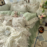 Yeknu 3/4Pcs Korean Princess Style Floral Ruffles Bedding Set Skin-friendly Soft Duvet Cover Set Bed Sheet Or Bed Skirt Pillowcases