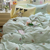 Yeknu Cartoon Bedding Set Ins Korean Towel Embroidery Bed Linen Flat Sheets Set 2 Pillowcases Twin Double Queen Size Duvet Cover Set