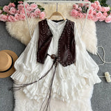 Yeknu  Sweet Lace Patchwork Waist Long-sleeved Dress + Leather Vest 2-piece Set Dresses Women's Boho Beach Holiday Short Dress Set