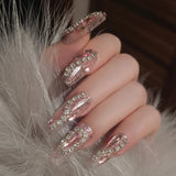 Yeknu  Glitter Fairy Rhinestone False nail Tips for Bride lady Wearable Sweet Crystal Design Press on Nails Mid Length Fake Nail Patch