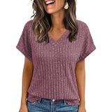Yeknu  Women's Clothing Europe America All-match Knit T-shirt Summer New Casual Loose V-neck Short Sleeve Pullover Lady Solid Tops