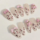 Yeknu  10pcs pure hand pressed almond shaped nail art, beautiful fake nails, cute pink leopard print, suitable for women to use