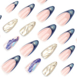 Yeknu  24PCS 3D Gold Embossed Press on Nail French Crocodile-Print Gradient Ombre Fake Nail Short Almond Nail for Women&Girl False Nail