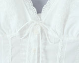 Yeknu  Positioned Lace V-neck White Shirt Top Short Sleeve Summer Chic Chest Tie Slim Women Crop Top Backless Sexy Shirt Blouse