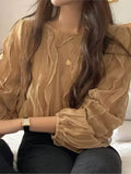 Yeknu  Spring Pullover Long Sleeve Tops Women Loose Pleated Fashion Ladies Cropped Blouses Ruffled Lace Mesh Hollow Woman Tops