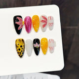 Yeknu  10pcs Handmade Leopard Press on Nails 3D Carving Petals Design False Nails Wearable Detachable Glossy Almond Fake Nail Tips