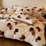 Yeknu  Thickened imitation rabbit hair carved milk fleece four-piece set winter coffee color warm fleece quilt set