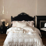 Yeknu  800TC Lyocell Bamboo Fiber Soft Silky Bedding Set Rose Floral Embroidery Lace Ruffles Duvet Cover Flat Sheet Pillowcases