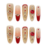 Yeknu  10Pcs Glitter Gold Sequins False Nails with Red Edge French Handmade Press on Nails Shiny Rhinestone Decor Fake Nails For Women
