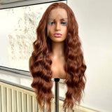 Yeknu  Brown Wig Long Curly Wavy Synthetic Middle Part Loose Deep Wave Auburn Colored 13X4 Frontal Wigs for Women Daily Party