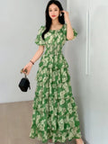 Yeknu  Retro Floral Print Chiffon Dress Women Summer Bubble Short Sleeve Slim Holiday Boho Dresses Multi-layered Ruffle Long Cake Dress