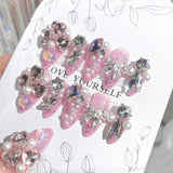 Yeknu  Glitter Fairy Rhinestone False nail Tips for Bride lady Wearable Sweet Crystal Design Press on Nails Mid Length Fake Nail Patch