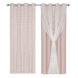 Yeknu  1/2Panel Blackout Curtain Double-Layer Pompom Grommet Eyelet Top Blackout Drape Voile Tulle Window Blind for Bedroom Living Room