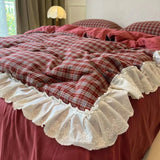 Yeknu  Korean-Style Red Plaid Washed Bedding Set - Vintage Lace Trim 4-Piece/3-Piece Dorm Sheet & Duvet Cover Set