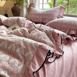 Yeknu  4-pcs Set with Linen Touch, Pure Polyester Material Ruffled Romantic Bow Design Girl Woman Bedroom Bedding Set Colored Flowers