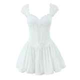 Yeknu  European And American Style Summer White Women's Mini Dress One Shoulder Heavy Lace Embroidery Waist Puffy Dress