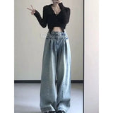 Yeknu  Vintage American High Waist Wide Leg Jeans for Women Pear Shape Slimming Straight Loose Drapey Ankle-Length Pants Long Trousers
