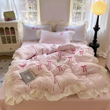 Yeknu  Spring and summer new Korean lace bow four-piece princess style lace washed cotton girl heart pink