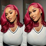Yeknu  Burgundy Short Curly Wavy Silver Bob Wig Synthetic Hair Side Part Shoulder Length Body Wave Dark Red 13X4 Frontal Wigs for Women