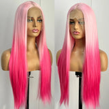 Yeknu  Long Silky Straight Pink Ombre Wig Synthetic Middle Part Highlight Pink Colored Heat Resistant Fiber Wigs for Women Daily Party