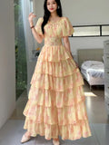 Yeknu  Retro Floral Print Chiffon Dress Women Summer Bubble Short Sleeve Slim Holiday Boho Dresses Multi-layered Ruffle Long Cake Dress