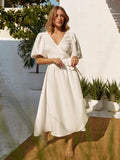 Yeknu  Jastie Summer V-neck Waist Cinched Dress Unique Lantern Sleeve Fashionable Sexy Slit Long Skirt Cotton Women's Casual Dresses