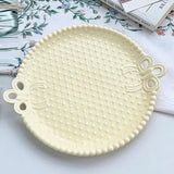 Yeknu  Ceramic Vintage Bow Embossed Beads Tableware Home Kitchen Restaurant Supplies Salad Fruit Western Food Dinner Plate, 1Pc