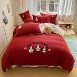 Yeknu Solid Colour embroidery Bedding Set For adults kids Ankela Red Red Flat Sheet With Pillowcases Colorful King Queen Full size
