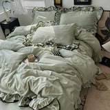 Yeknu  Hot Sale summer ice silk Korean large lace washed silk four-piece set lace mattress cool bed sheet summer bedding