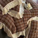 Yeknu Vintage Plaid Flowers Lace Ruffles Bedding Set 100% Cotton Double Layer Yarn Duvet Cover Flat/Fitted Bed Sheet Pillowcases 4Pcs