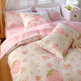 Yeknu  Cute Pink Strawberry Duvet Cover Flat Sheet Pillowcase Floral Bedding Set Girls Bed Linen Soft Thick Washed Cotton Bedclothes