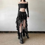 Yeknu  SylCue Mesh Patchwork Skirts Women Skinny Irregular Ruched Side Split Personality Niche Look Thinner Wild Street Style Bottoms