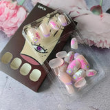 Yeknu  24Pcs Short Almond Press-On Nails Pink Floral French Tip Glossy&Elegant Full Cover Fake Nails for Women&Girls Spring,Daily Wear