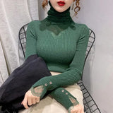 Yeknu  Women Clothing Hollow Lace Patchwork Turtleneck Sweaters Autumn Winter Fashion All-match Solid Knit Pullovers Office Lady Tops
