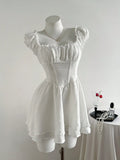 Yeknu  Elamini Vintage French Style Square Neck Waist Shaping Two-Tier Puff Dress